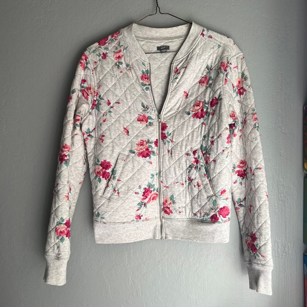 Aerie Quilted Fleece Printed Bomber Jacket Heather Grey
